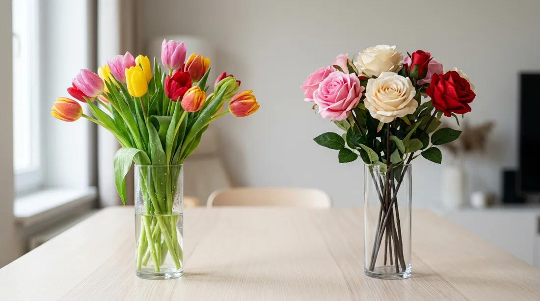 Zwei Vasen nebeneinander, links ein frischer Tulpenstrauß, rechts ein Strauß künstlicher Rosen