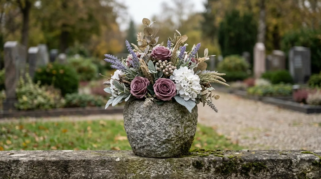 Grabstelle mit einem Grabgesteck aus künstlichen Blumen in einem beschwerten Topf neben einem Grabstein