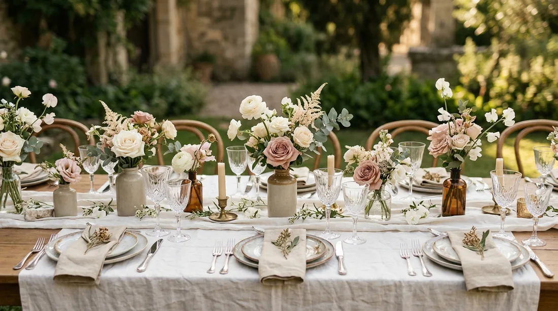 Gedeckte Hochzeitstafel mit kleinen Blumengestecken in Elfenbein und Altrosa