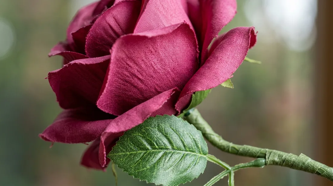 Nahaufnahme einer künstlichen Rosenblüte mit sichtbarer Stoffstruktur
