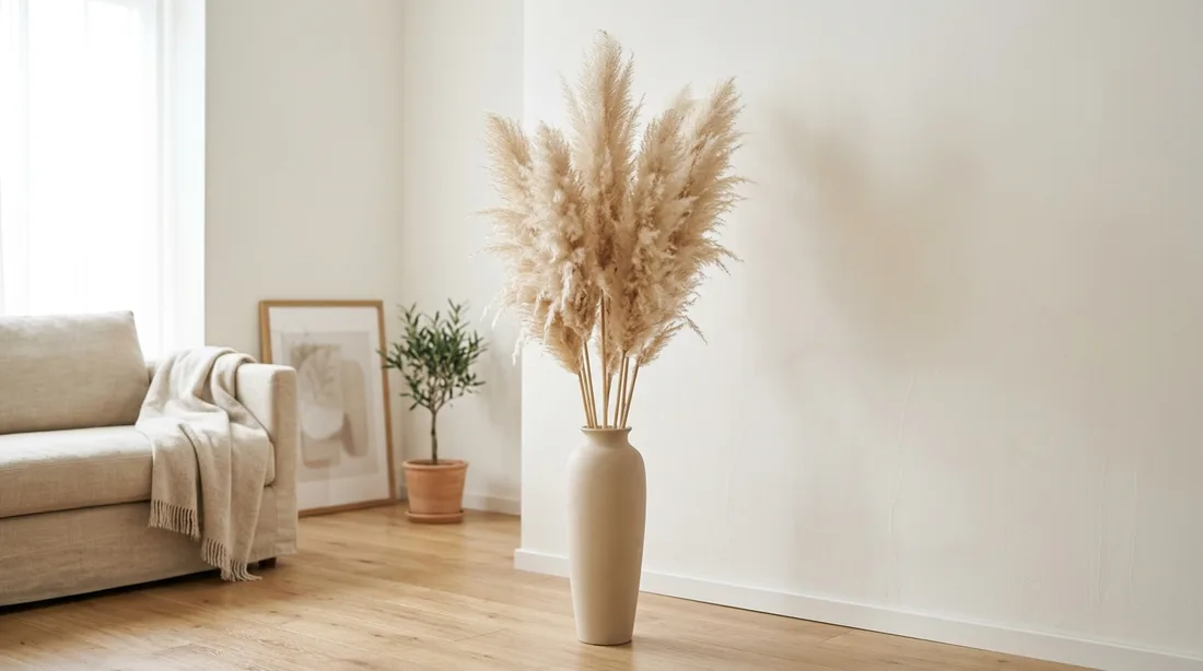 Beige Pampasgras-Halme in einer hohen Bodenvase vor einer hellen Wohnzimmerwand